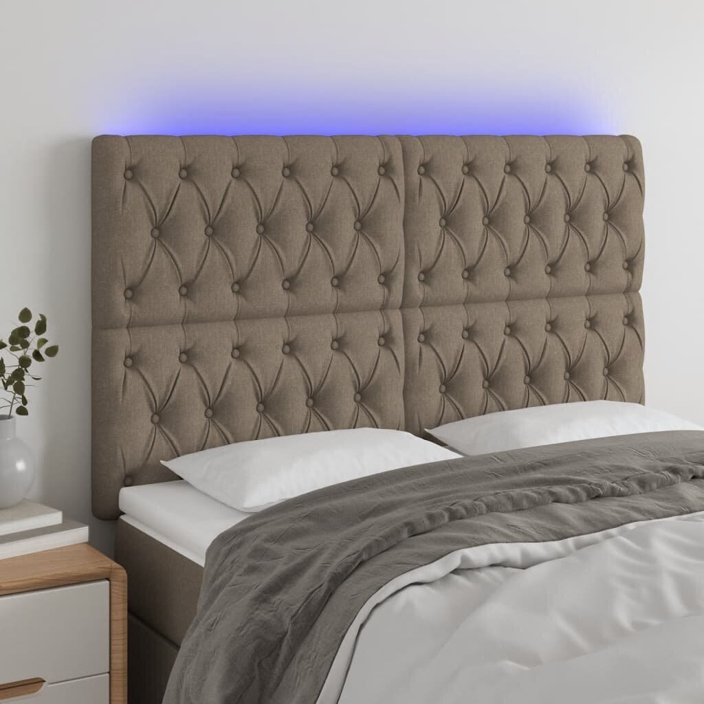 vidaXL gultas galvgalis ar LED, 144x7x118/128 cm, pelēkbrūns audums cena un informācija | Gultas | 220.lv