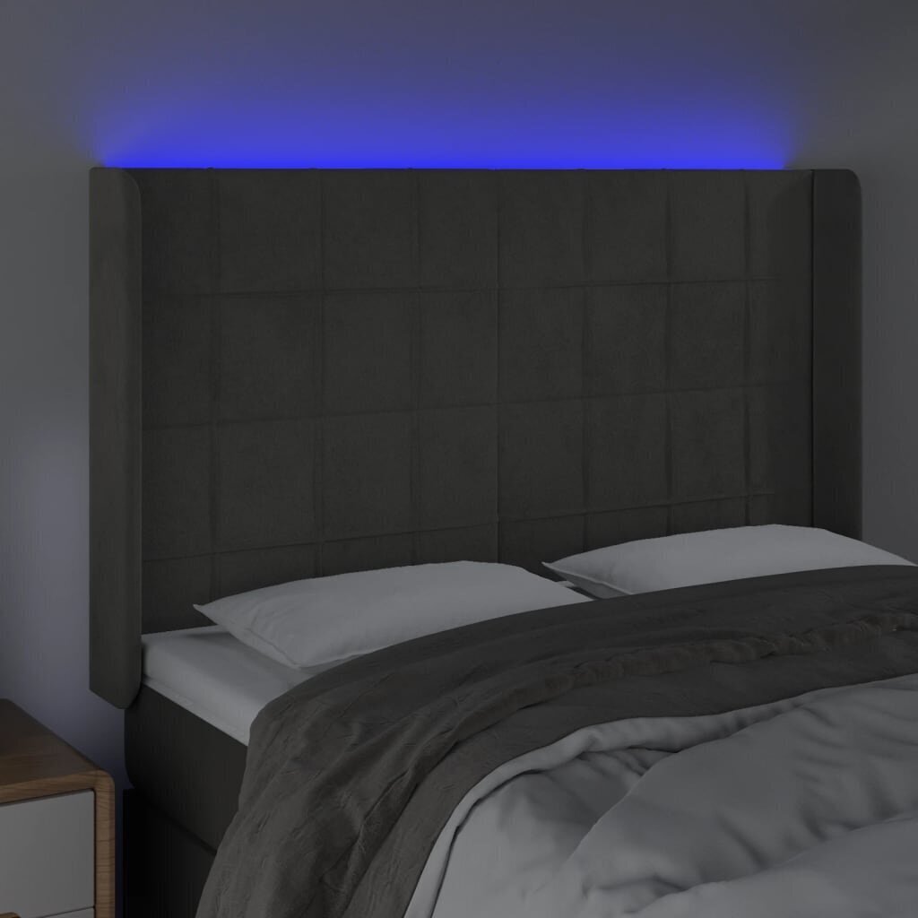vidaXL gultas galvgalis ar LED, 147x16x118/128 cm, tumši pelēks samts cena un informācija | Gultas | 220.lv