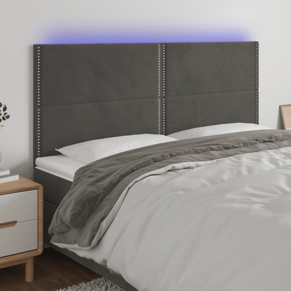 vidaXL gultas galvgalis ar LED, 160x5x118/128 cm, tumši pelēks samts цена и информация | Gultas | 220.lv