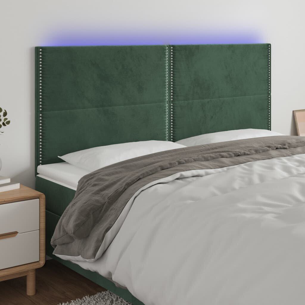 vidaXL gultas galvgalis ar LED, 160x5x118/128 cm, tumši zaļš samts cena un informācija | Gultas | 220.lv