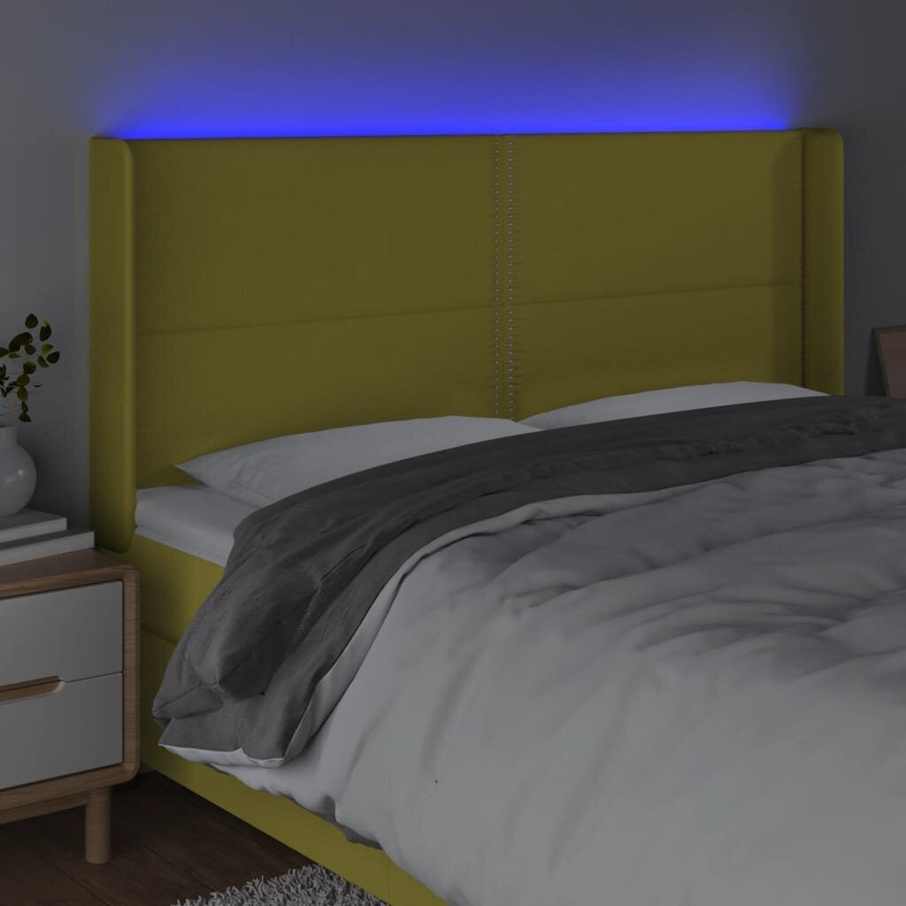 vidaXL gultas galvgalis ar LED, 163x16x118/128 cm, zaļš audums цена и информация | Gultas | 220.lv