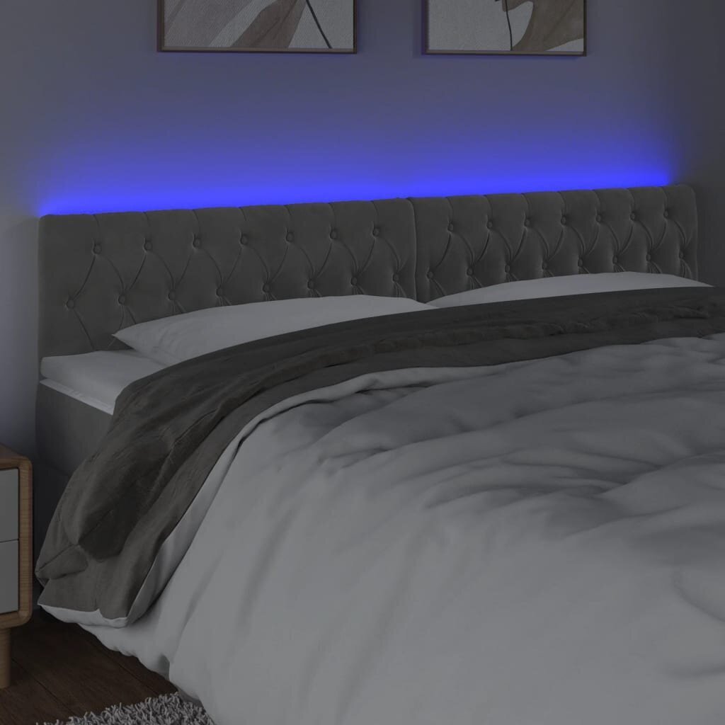 vidaXL gultas galvgalis ar LED, 180x7x78/88 cm, gaiši pelēks samts цена и информация | Gultas | 220.lv
