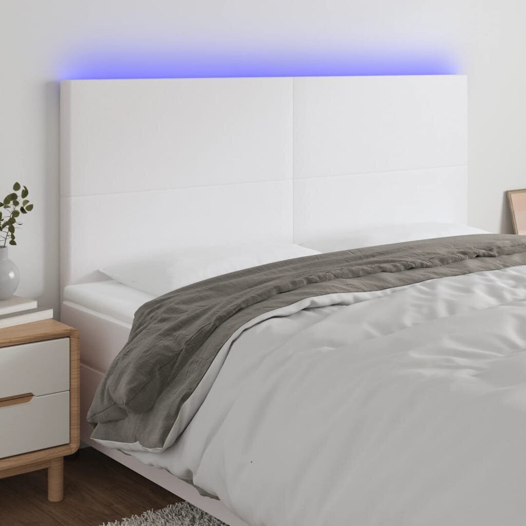 vidaXL gultas galvgalis ar LED, 200x5x118/128 cm, balta mākslīgā āda cena un informācija | Gultas | 220.lv