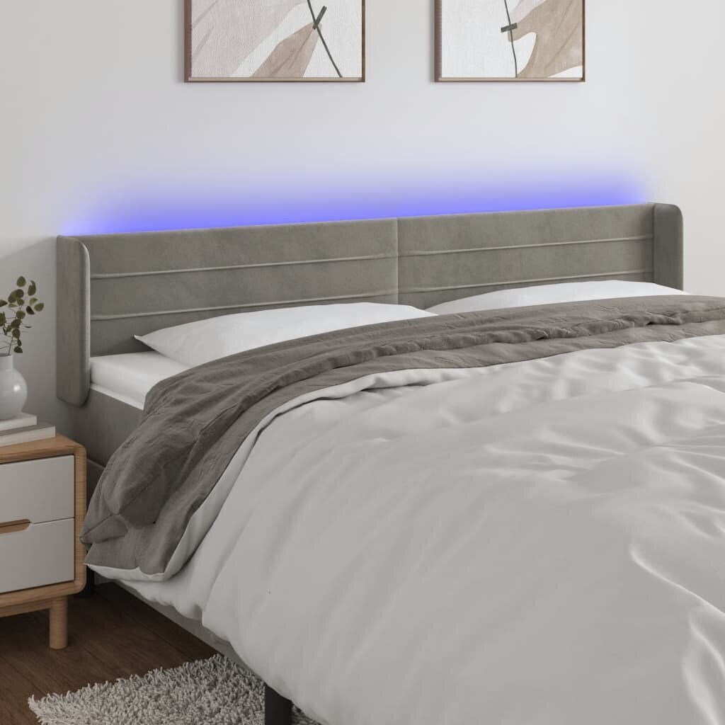 vidaXL gultas galvgalis ar LED, 203x16x78/88 cm, gaiši pelēks samts cena un informācija | Gultas | 220.lv