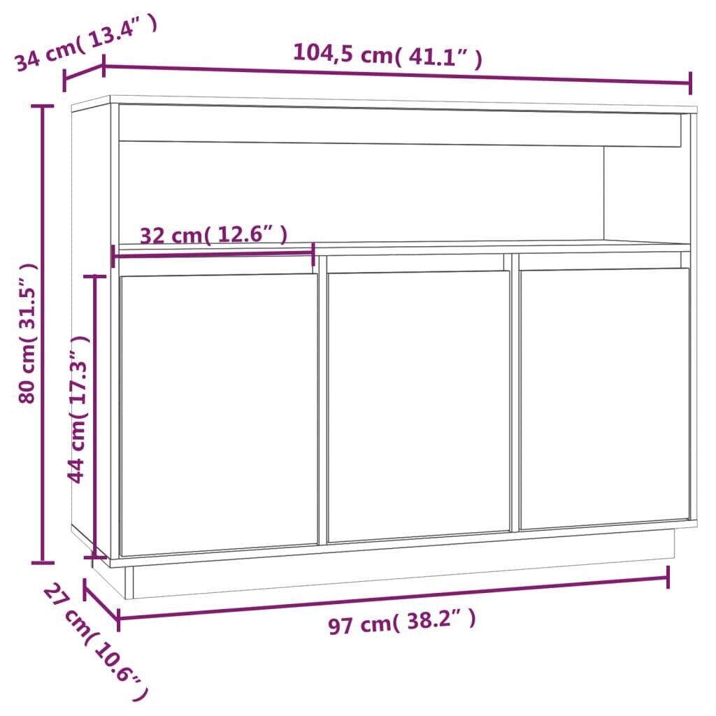 vidaXL kumode, balta, 104,5x34x80 cm, priedes masīvkoks cena un informācija | Skapīši viesistabai | 220.lv