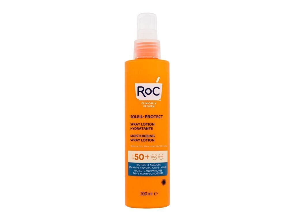 Sauļošanās losjons ar aizsardzību RoC Soleil-Protect Moisturising Spray Lotion SPF50+, 200ml cena un informācija | Sauļošanās krēmi | 220.lv