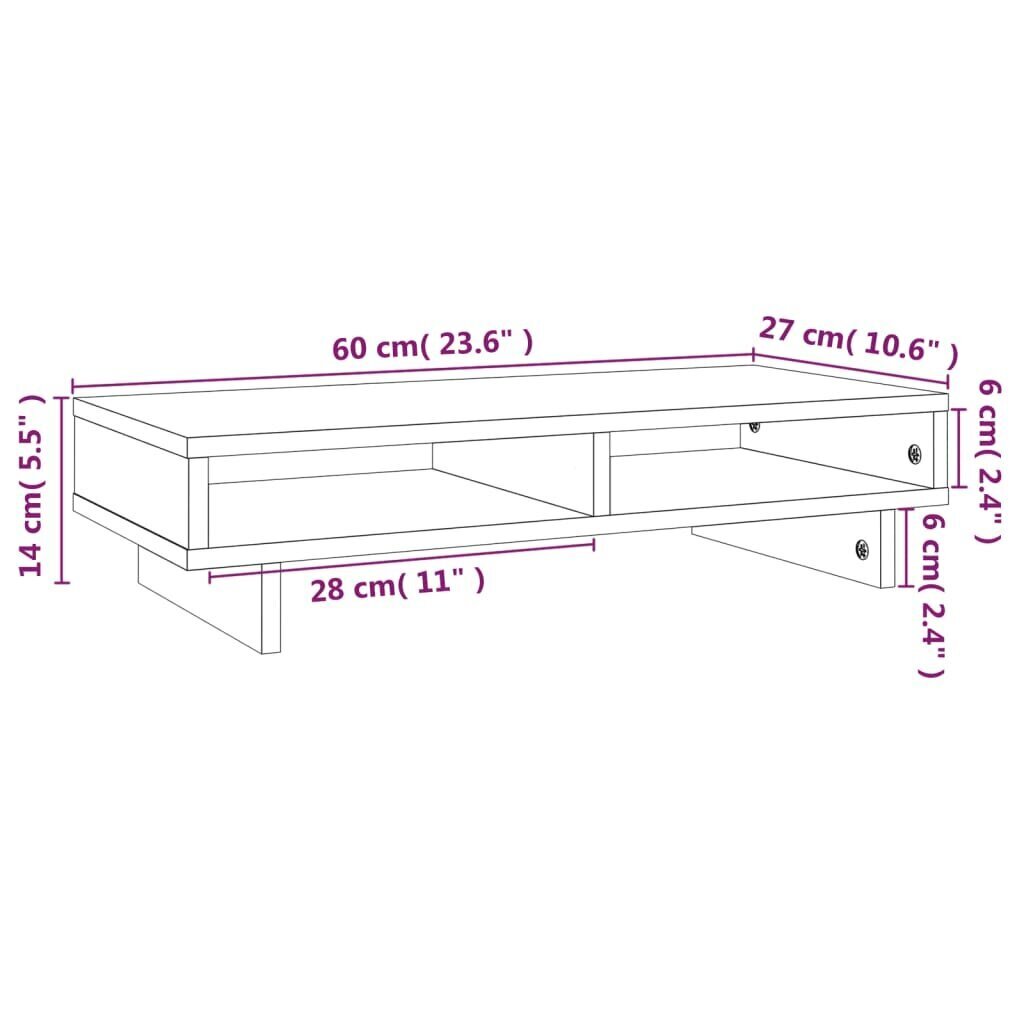 vidaXL monitora paliktnis, pelēks, 60x27x14 cm, priedes masīvkoks cena un informācija | Monitora turētāji | 220.lv