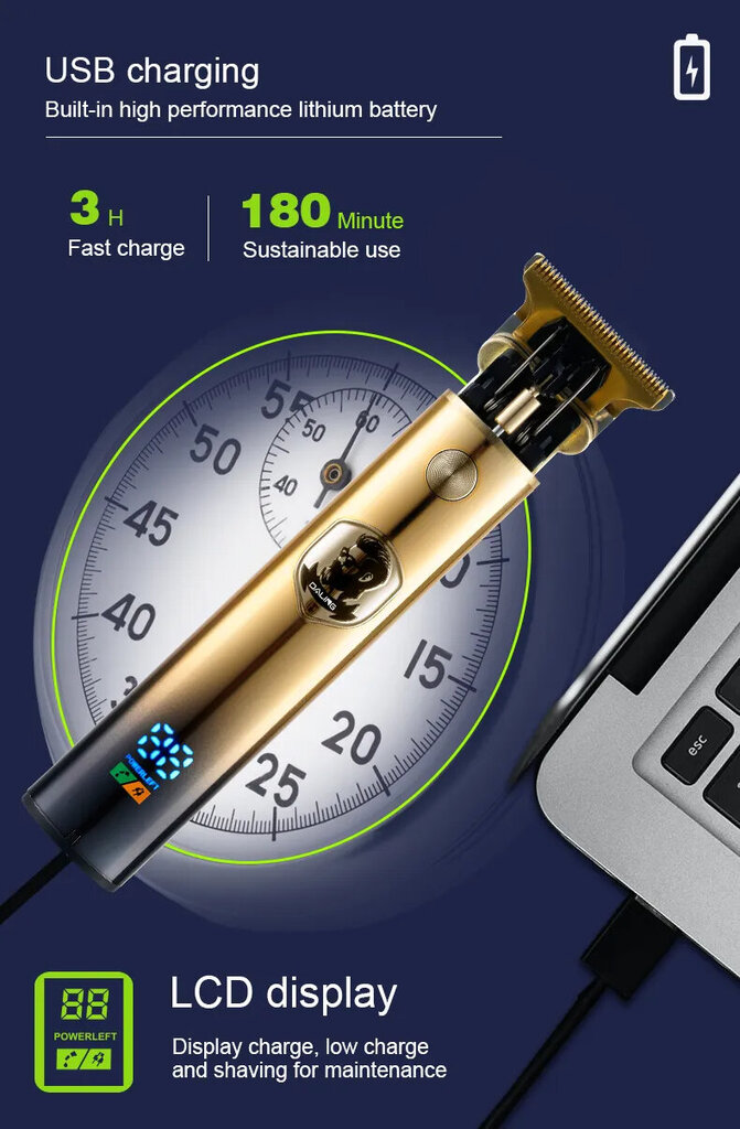 Metāla bezvadu matu un bārdas trimmeris-skuveklis LIVMAN VINTAGE T9, ar LCD displeju cena un informācija | Matu griežamās mašīnas | 220.lv