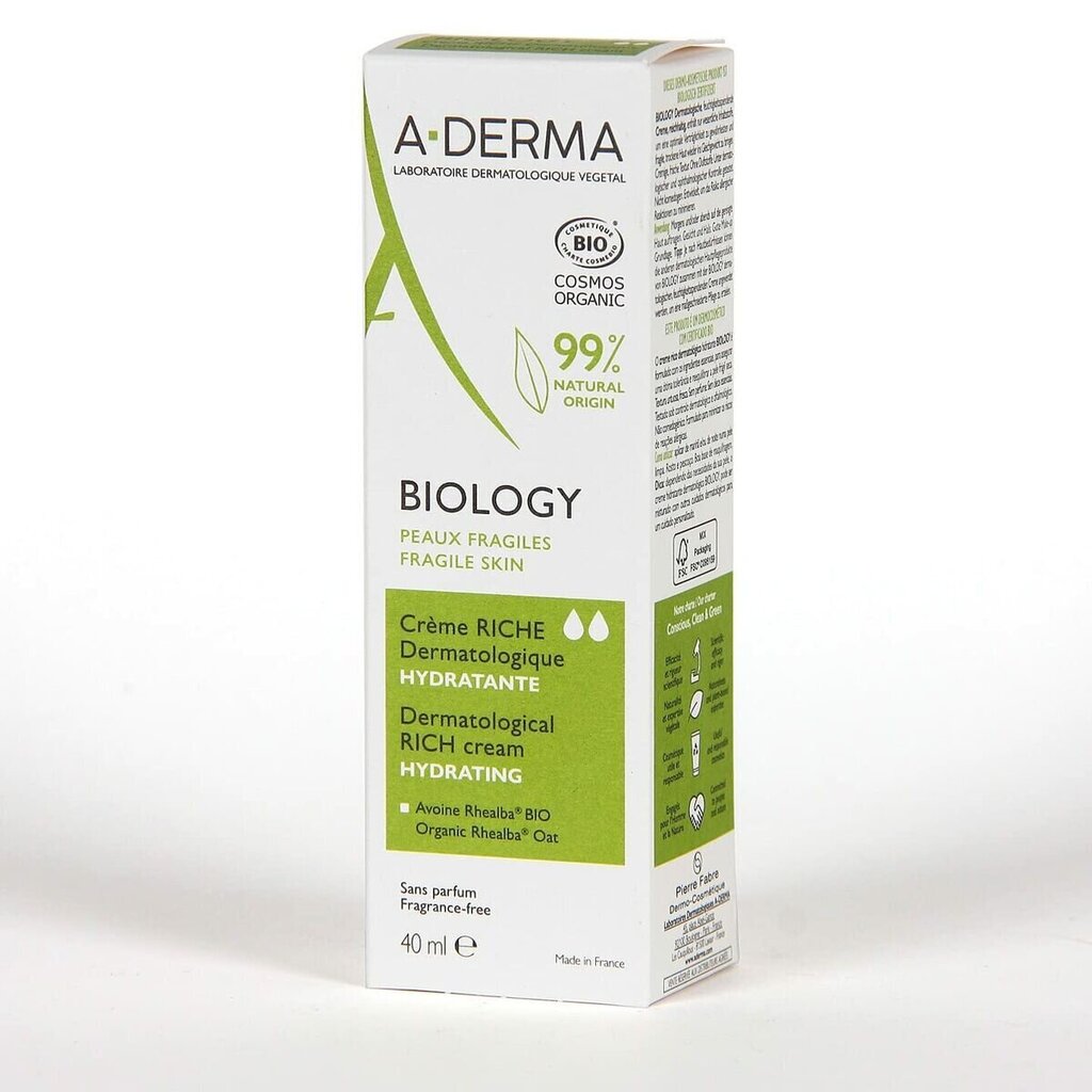 Mitrinošs sejas krēms A-Derma Biology, 40 ml cena un informācija | Sejas krēmi | 220.lv