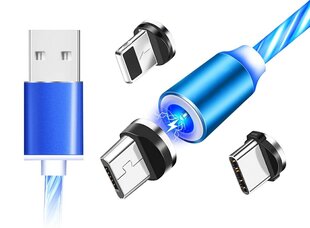 Магнитный кабель с синей светодиодной подсветкой 3в1 Usb-C, Micro USB, iPhone Lightning цена и информация | Кабели для телефонов | 220.lv