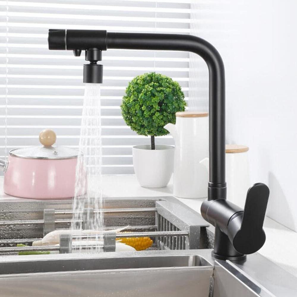 Trīsposmu filtrējams virtuves maisītājs ar salokāmu izsmidzinātāju zem loga, melns cena un informācija | Ūdens maisītāji virtuvei | 220.lv