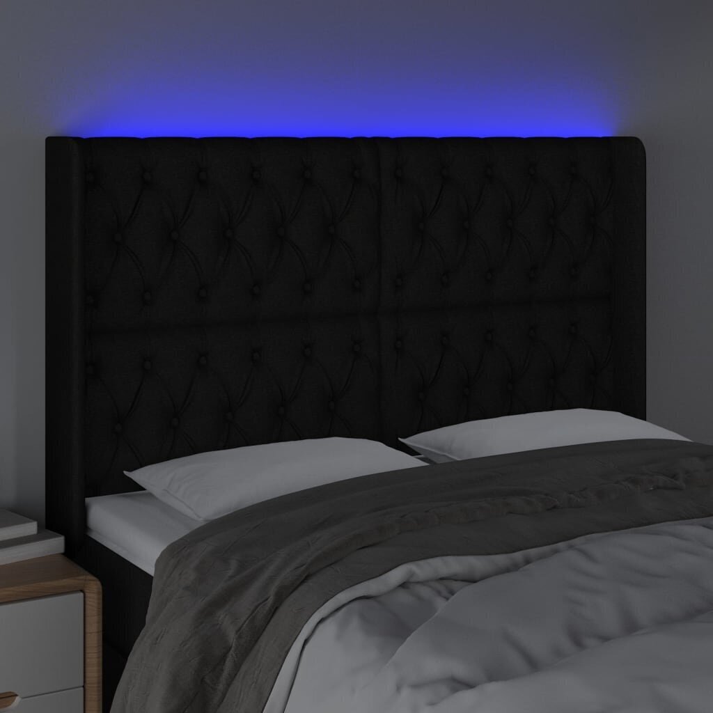 vidaXL gultas galvgalis ar LED, 147x16x118/128 cm, melns audums cena un informācija | Gultas | 220.lv