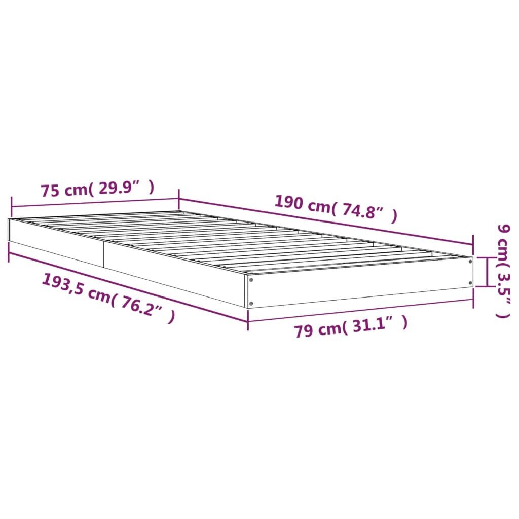 vidaXL gultas rāmis, pelēks, 75x190 cm, priedes masīvkoks, vienvietīgs cena un informācija | Gultas | 220.lv