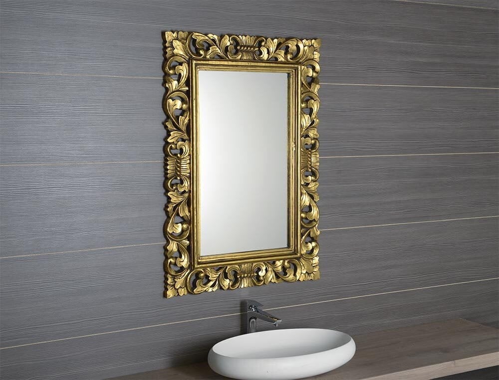 Vannasistabas spogulis, koka rāmis, ar rokām grebts, 60x80 cm, SAMBLUNG vecināts zelts цена и информация | Vannas istabas spoguļi | 220.lv