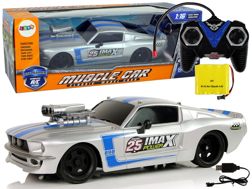 Lean toys R/C sporta automobilis 1:16 Silver Blue Stripes Pilot цена и информация | Rotaļlietas zēniem | 220.lv