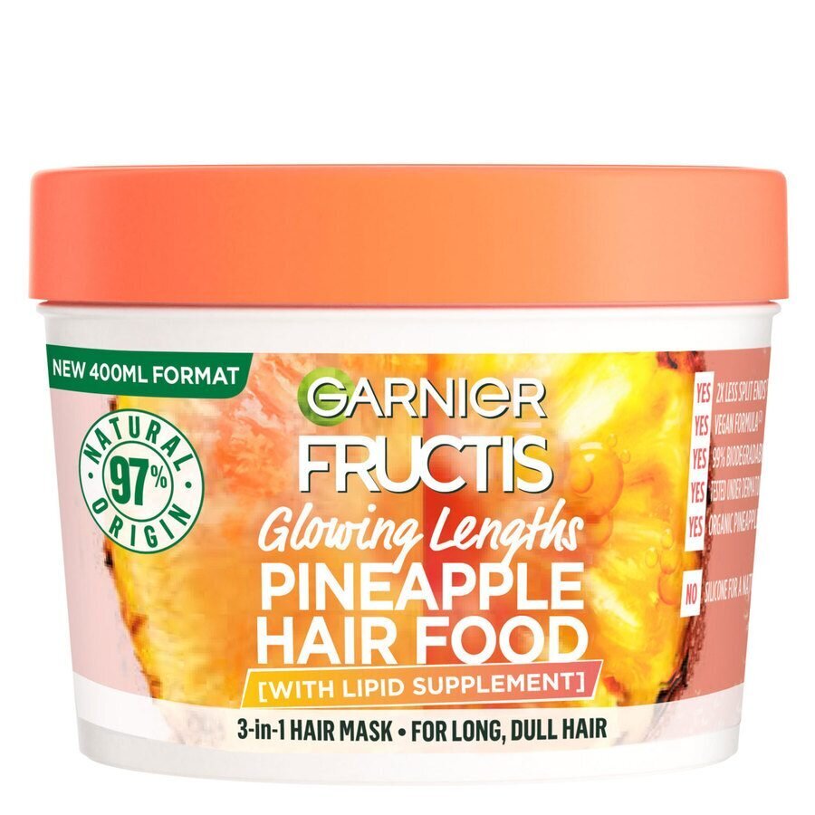 Barojoša matu maska ​​gariem, blāviem matiem Garnier Fructis Hair Food Pineapple Mask, 400 ml cena un informācija | Kosmētika matu stiprināšanai | 220.lv