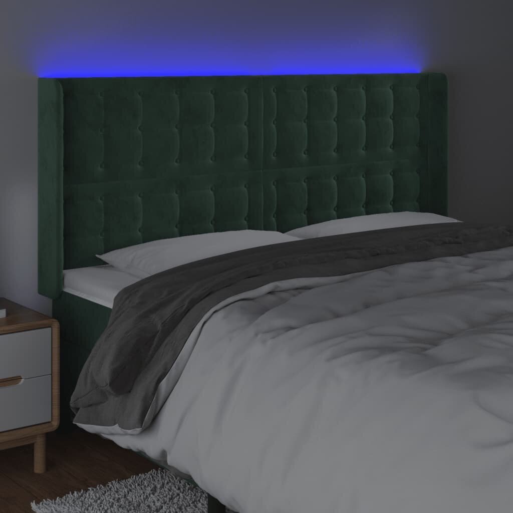 vidaXL gultas galvgalis ar LED, 203x16x118/128 cm, tumši zaļš samts cena un informācija | Gultas | 220.lv
