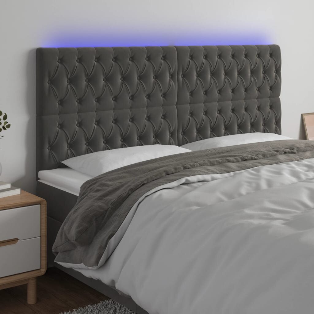 vidaXL gultas galvgalis ar LED, 200x7x118/128 cm, gaiši pelēks samts cena un informācija | Gultas | 220.lv
