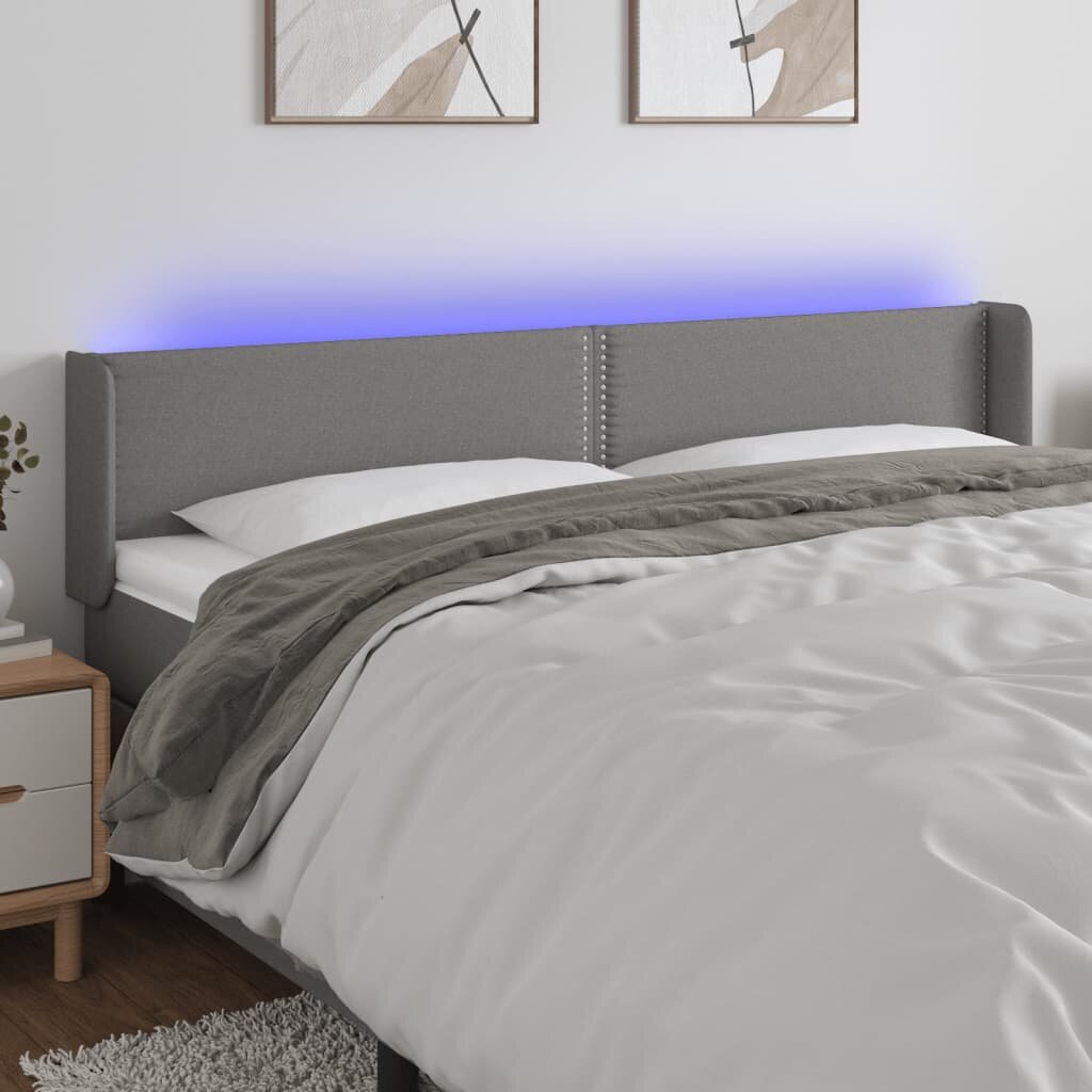 vidaXL gultas galvgalis ar LED, 203x16x78/88 cm, tumši pelēks audums cena un informācija | Gultas | 220.lv