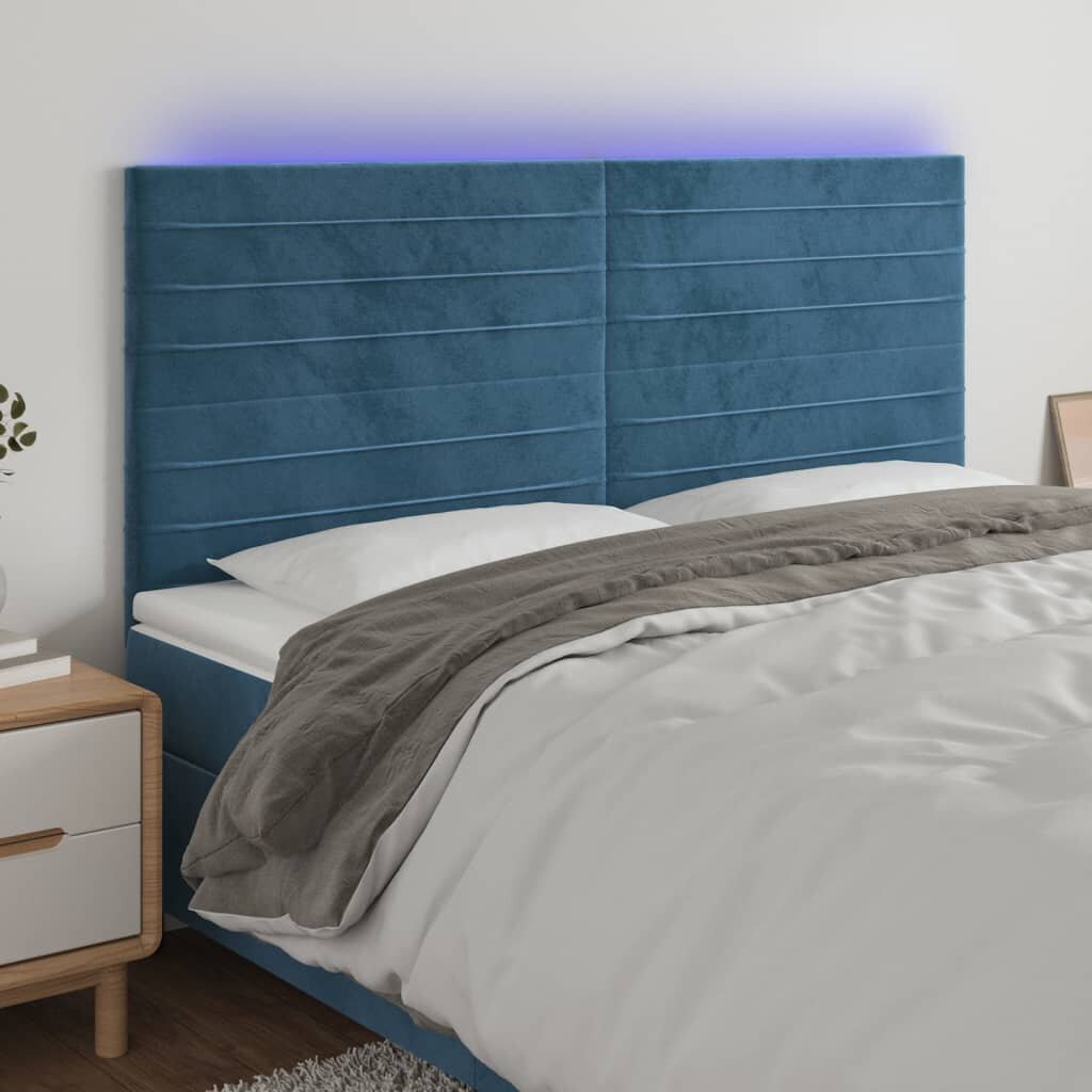 vidaXL gultas galvgalis ar LED, 160x5x118/128 cm, tumši zils samts cena un informācija | Gultas | 220.lv