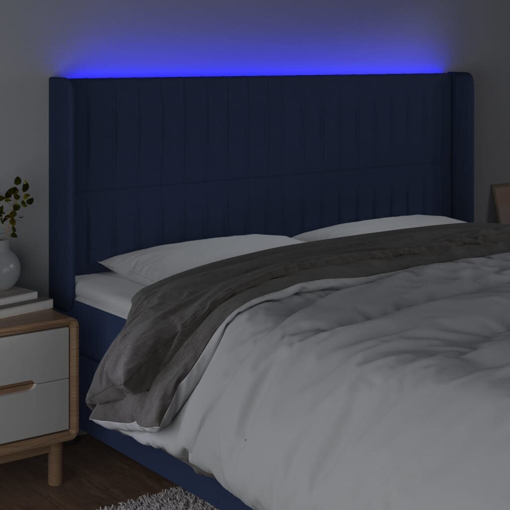 vidaXL gultas galvgalis ar LED, 163x16x118/128 cm, zils audums cena un informācija | Gultas | 220.lv
