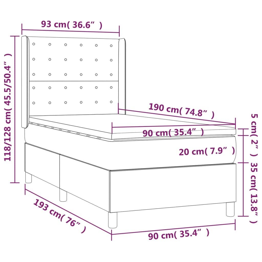 vidaXL atsperu gulta ar matraci, LED, rozā samts, 90x190 cm cena un informācija | Gultas | 220.lv