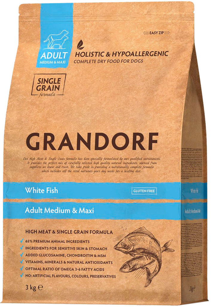 Baltā zivs - sausā barība pieaugušiem vidējo un lielu šķirņu suņiem GRANDORF, 3kg cena un informācija | Sausā barība suņiem | 220.lv