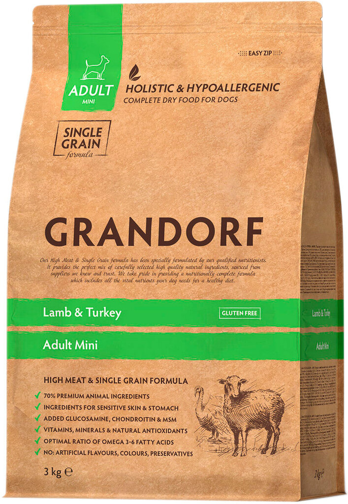 Jērs un tītars - sausā barība pieaugušiem mazo šķirņu suņiem GRANDORF, 3 kg cena un informācija | Sausā barība suņiem | 220.lv