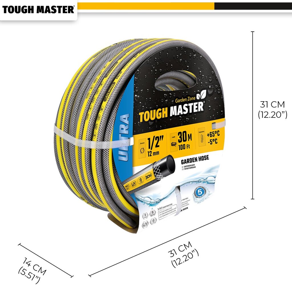 Dārza šļūtene, pastiprināta 30m. (-5°C iki +65°C) UK BRAND, TOUGH MASTER® TM-GH330 cena un informācija | Laistīšanas sistēmas | 220.lv