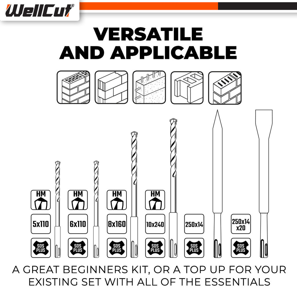 Urbju un kaltu komplekts 6 gab. SDS-Plus , UK BRAND, WellCut® WC-SDS6 cena un informācija | Rokas instrumenti | 220.lv