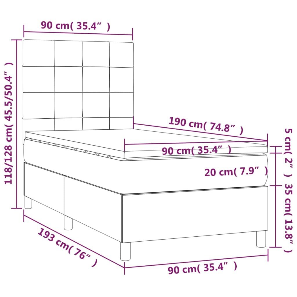 vidaXL atsperu gulta ar matraci, LED, rozā samts, 90x190 cm cena un informācija | Gultas | 220.lv