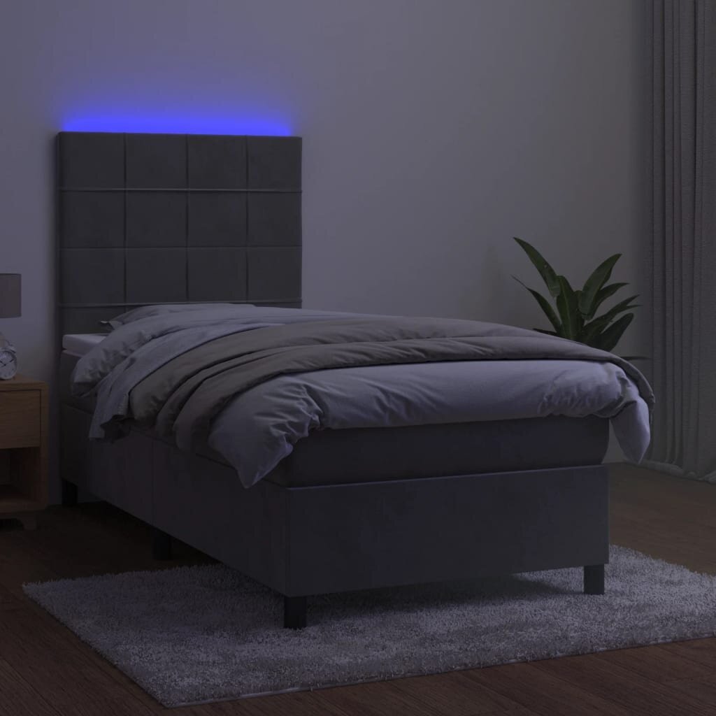 vidaXL atsperu gulta ar matraci, LED, gaiši pelēks samts, 90x200 cm цена и информация | Gultas | 220.lv