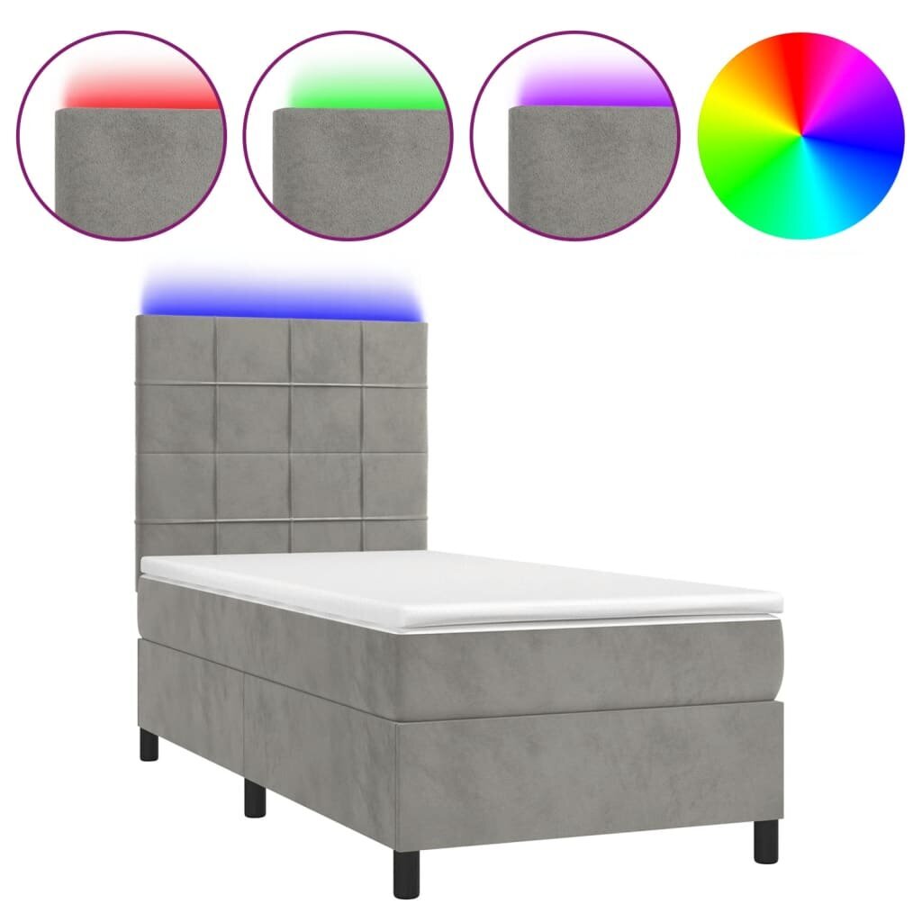 vidaXL atsperu gulta ar matraci, LED, gaiši pelēks samts, 90x200 cm цена и информация | Gultas | 220.lv