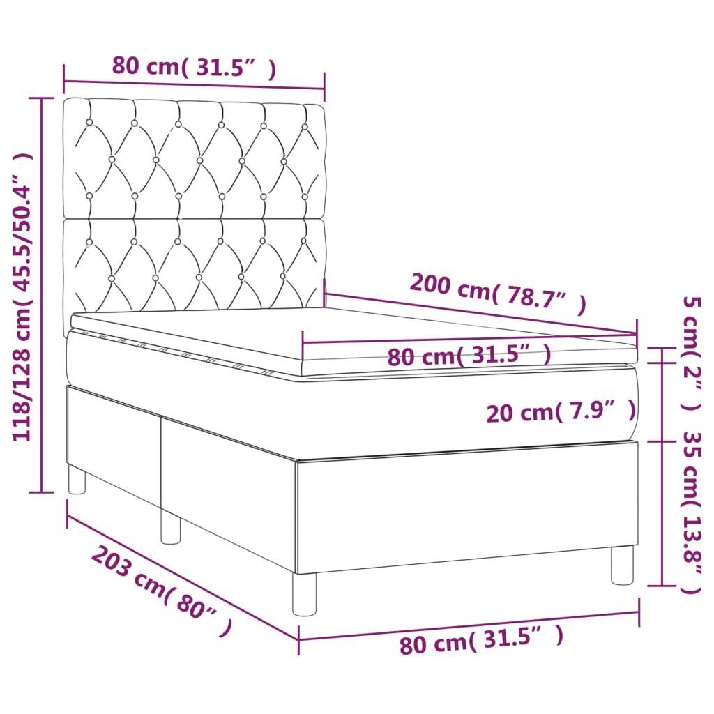 vidaXL atsperu gulta ar matraci, LED, tumši pelēks audums, 80x200 cm cena un informācija | Gultas | 220.lv