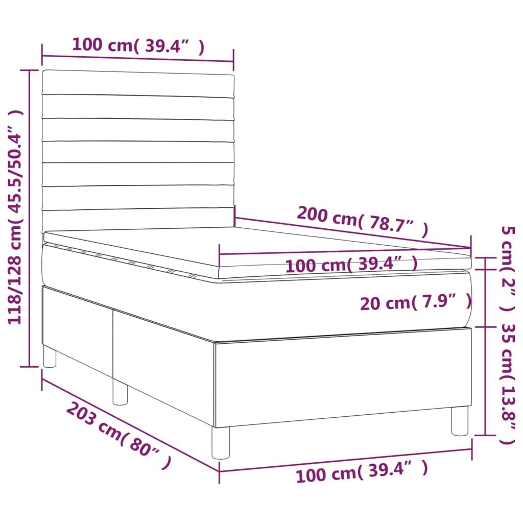 vidaXL atsperu gulta ar matraci, LED, tumši pelēks audums, 100x200 cm cena un informācija | Gultas | 220.lv