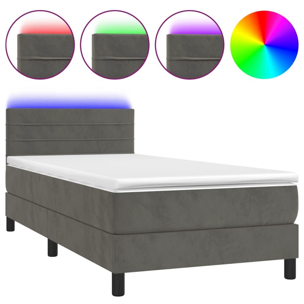 vidaXL atsperu gulta ar matraci, LED, tumši pelēks samts, 90x200 cm цена и информация | Gultas | 220.lv