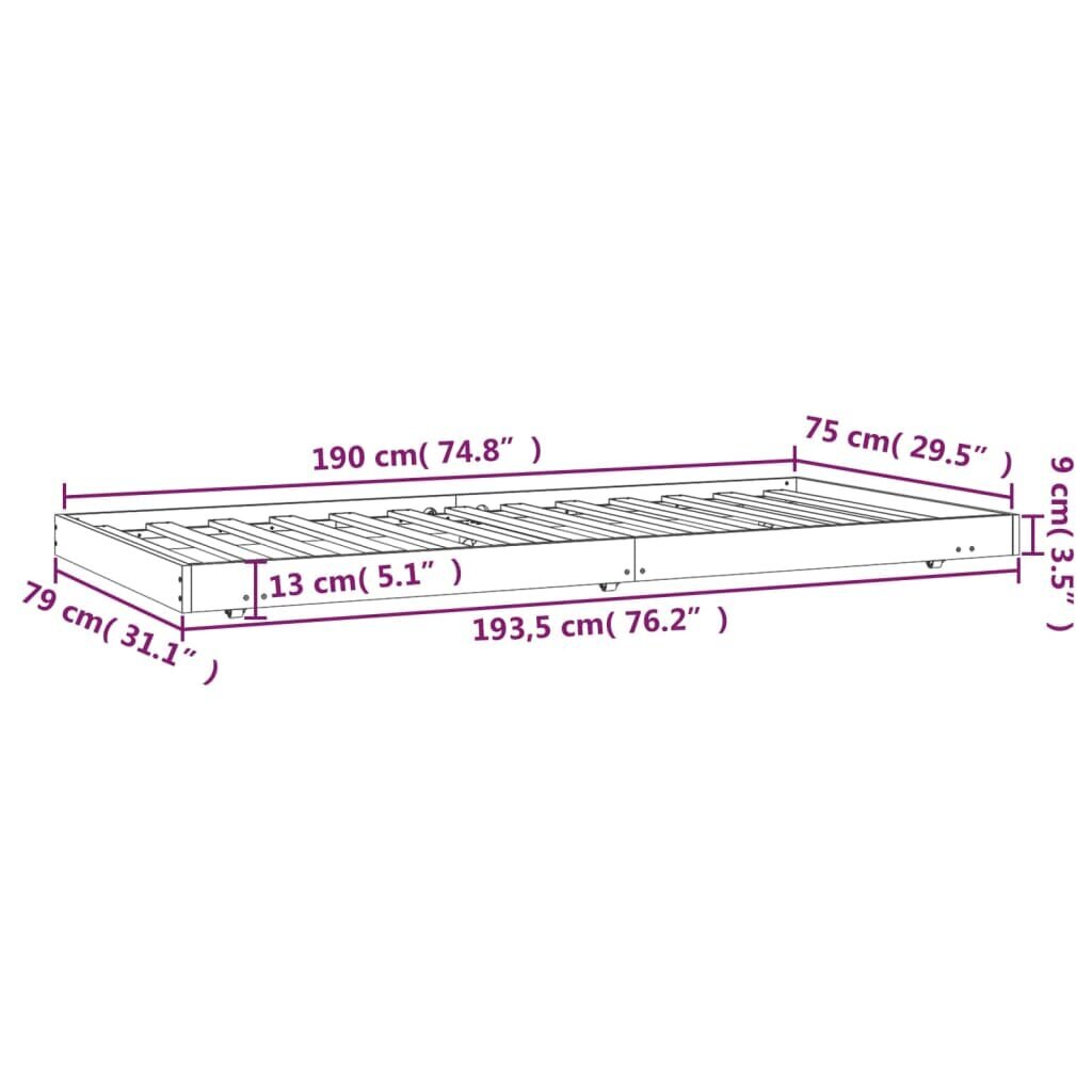 vidaXL gultas rāmis, melns, 75x190 cm, priedes masīvkoks цена и информация | Gultas | 220.lv