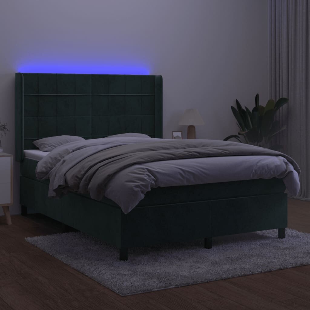 vidaXL atsperu gulta ar matraci, LED, tumši zaļš samts, 140x190 cm цена и информация | Gultas | 220.lv