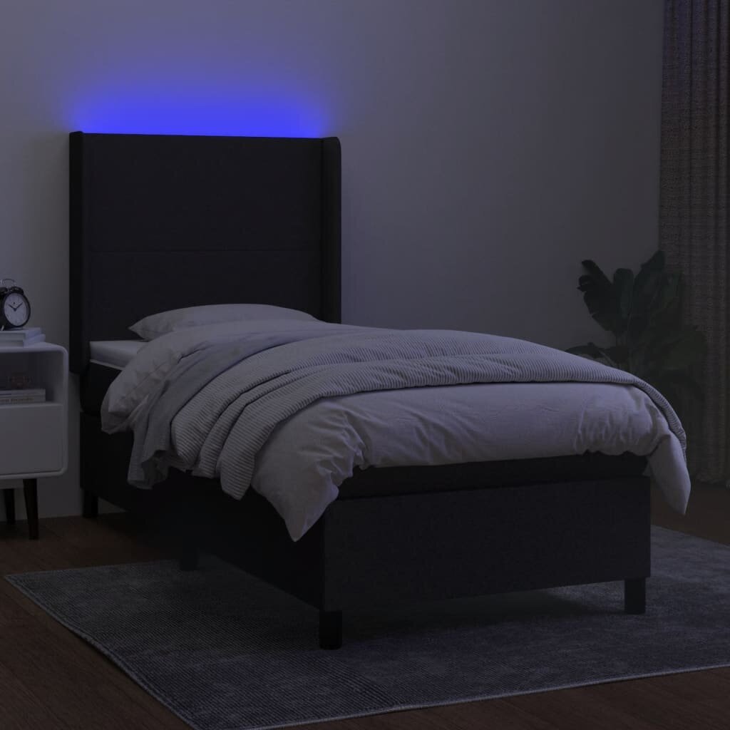 vidaXL atsperu gulta ar matraci, LED, melns audums, 90x190 cm cena un informācija | Gultas | 220.lv