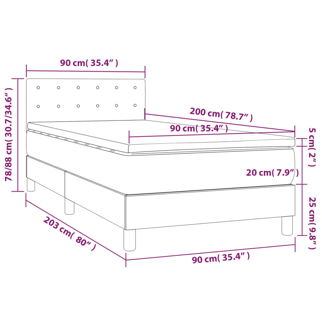 vidaXL atsperu gulta ar matraci, LED, krēmkrāsas audums, 90x200 cm cena un informācija | Gultas | 220.lv