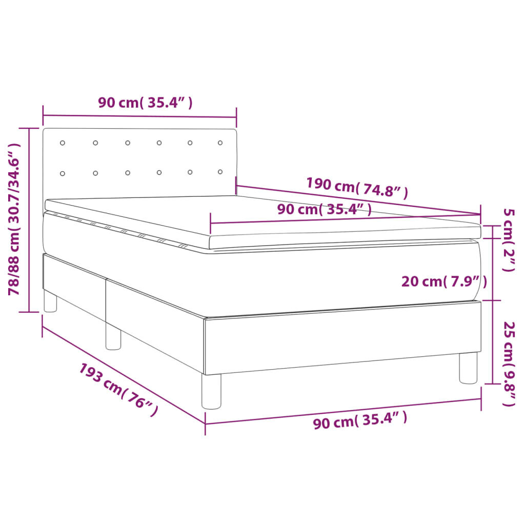 vidaXL atsperu gulta ar matraci, LED, tumši pelēks audums, 90x190 cm cena un informācija | Gultas | 220.lv