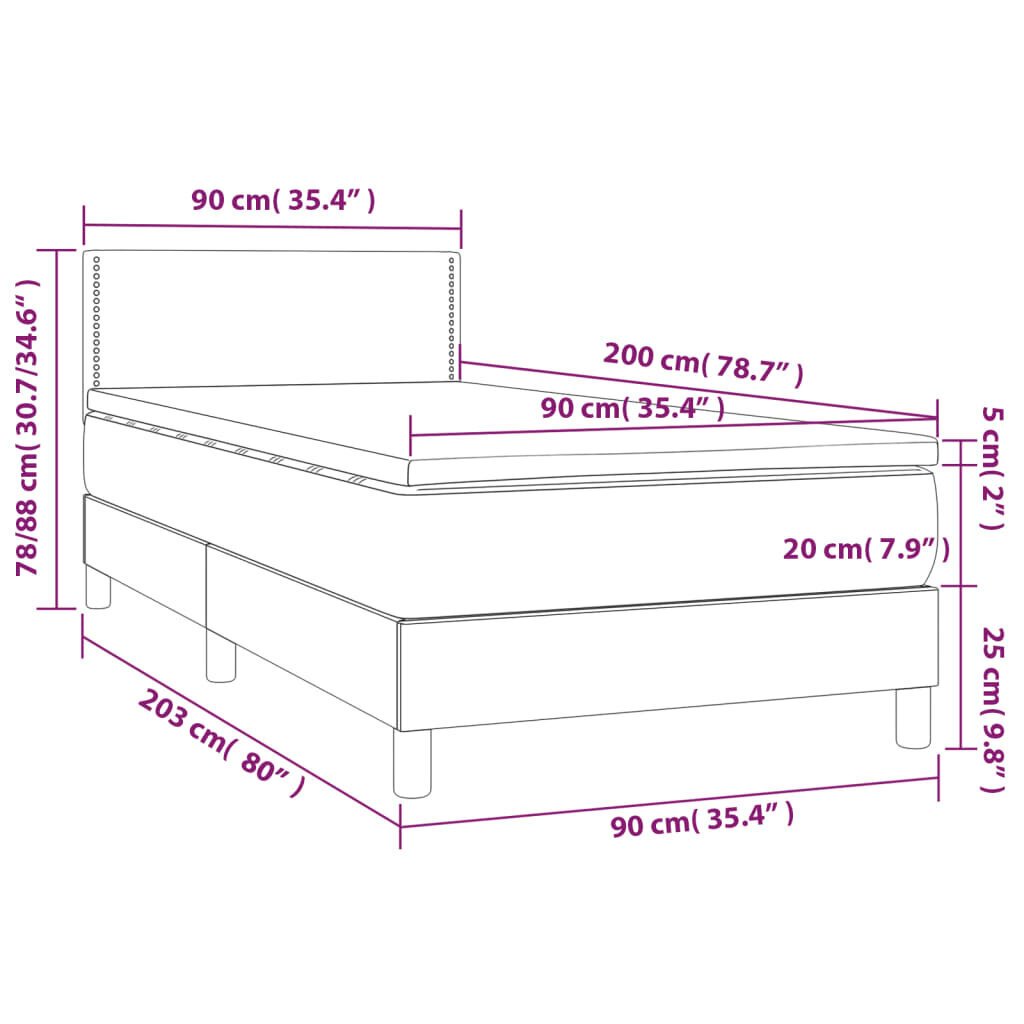 vidaXL atsperu gulta ar matraci, LED, tumši brūns audums, 90x200 cm cena un informācija | Gultas | 220.lv