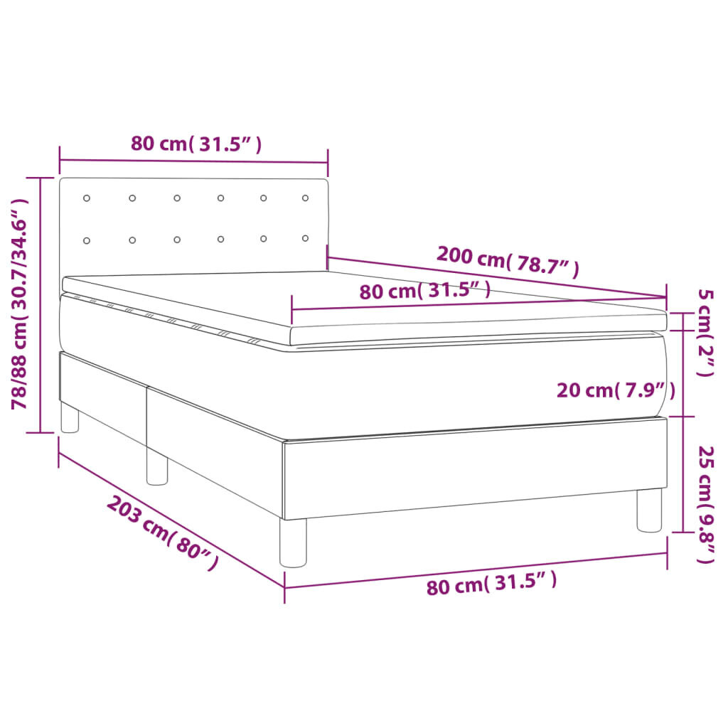 vidaXL atsperu gulta ar matraci, LED, melns audums, 80x200 cm цена и информация | Gultas | 220.lv