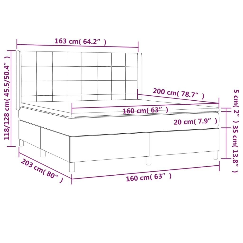 vidaXL atsperu gulta ar matraci, LED, tumši pelēks samts, 160x200 cm cena un informācija | Gultas | 220.lv