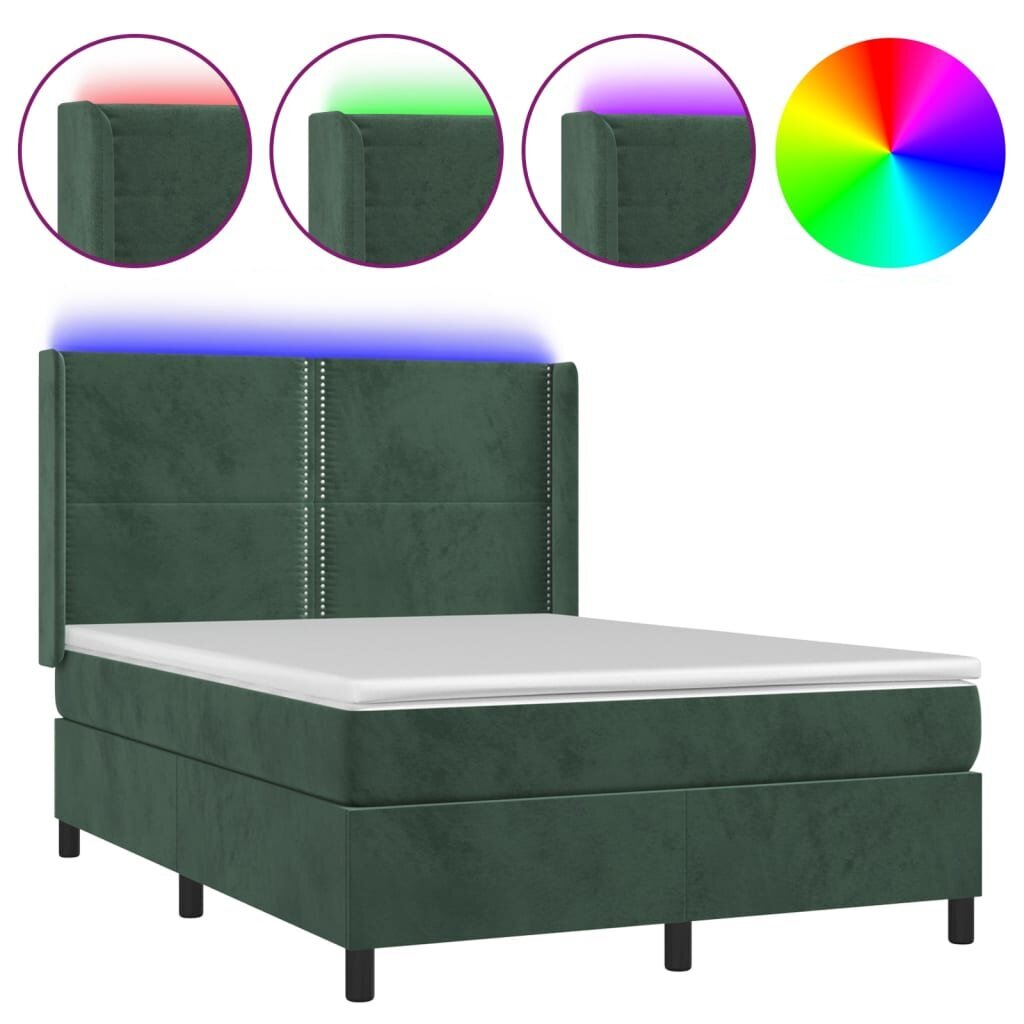 vidaXL atsperu gulta ar matraci, LED, tumši zaļš samts, 140x190 cm cena un informācija | Gultas | 220.lv