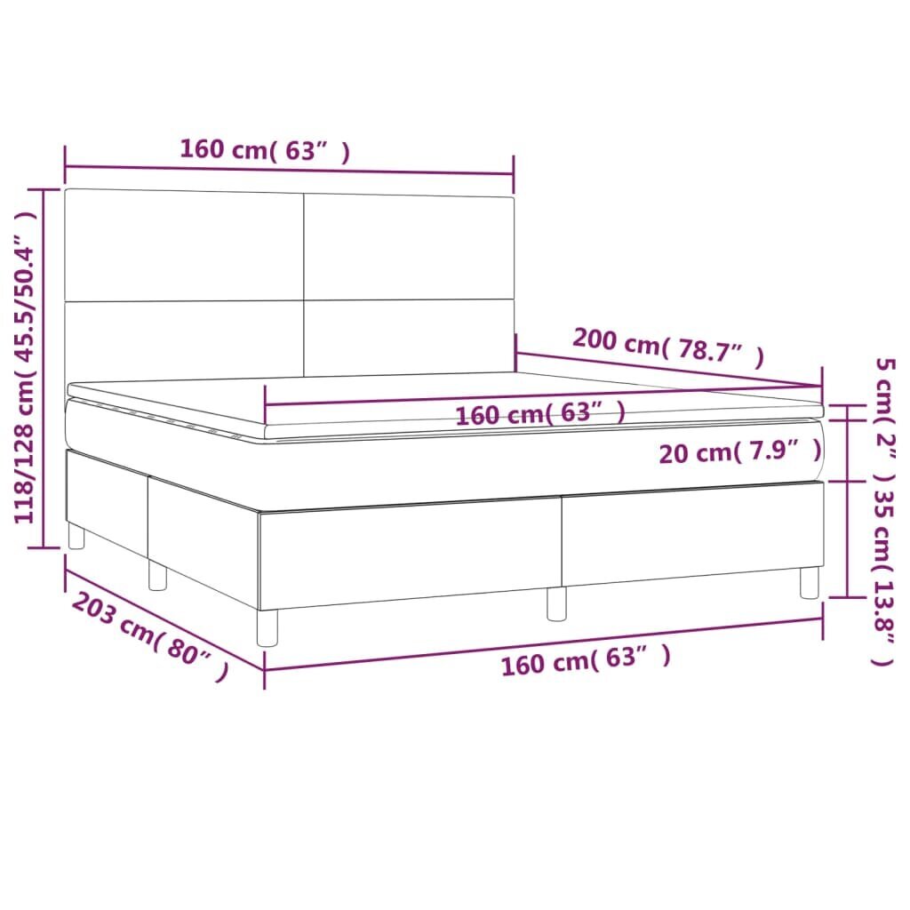 vidaXL atsperu gulta ar matraci, LED, gaiši pelēks samts, 160x200 cm cena un informācija | Gultas | 220.lv