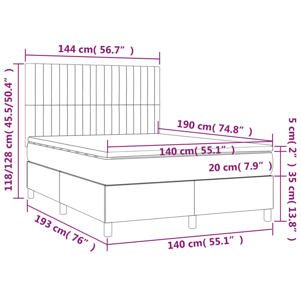 vidaXL atsperu gulta ar matraci, LED, gaiši pelēks audums, 140x190 cm cena un informācija | Gultas | 220.lv