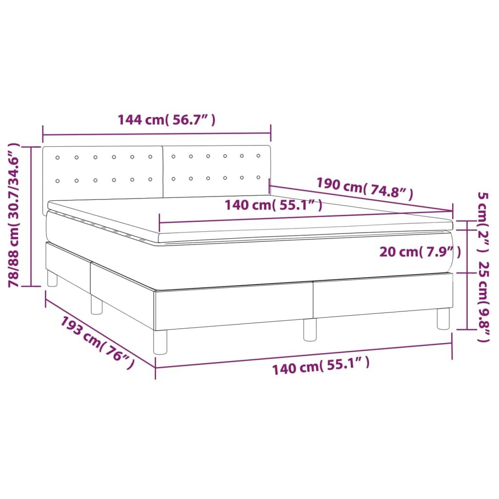 vidaXL atsperu gulta ar matraci, LED, tumši pelēks samts, 140x190 cm cena un informācija | Gultas | 220.lv