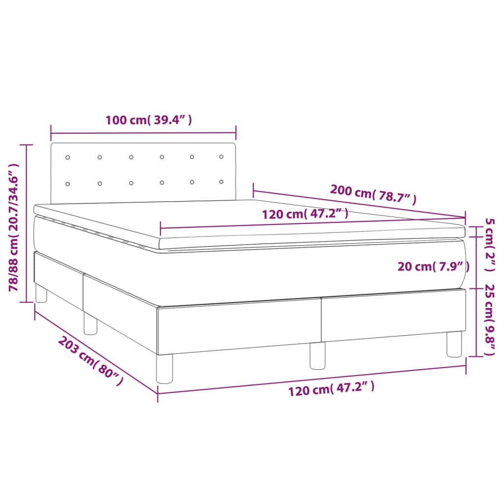 vidaXL atsperu gulta ar matraci, LED, tumši zils samts, 120x200 cm cena un informācija | Gultas | 220.lv