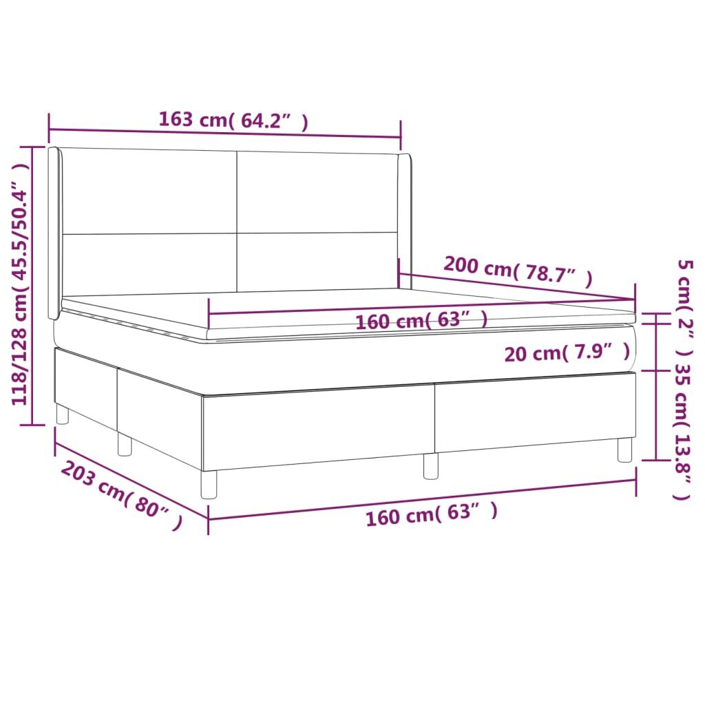 vidaXL atsperu gulta ar matraci, LED, tumši brūns audums, 160x200 cm цена и информация | Gultas | 220.lv